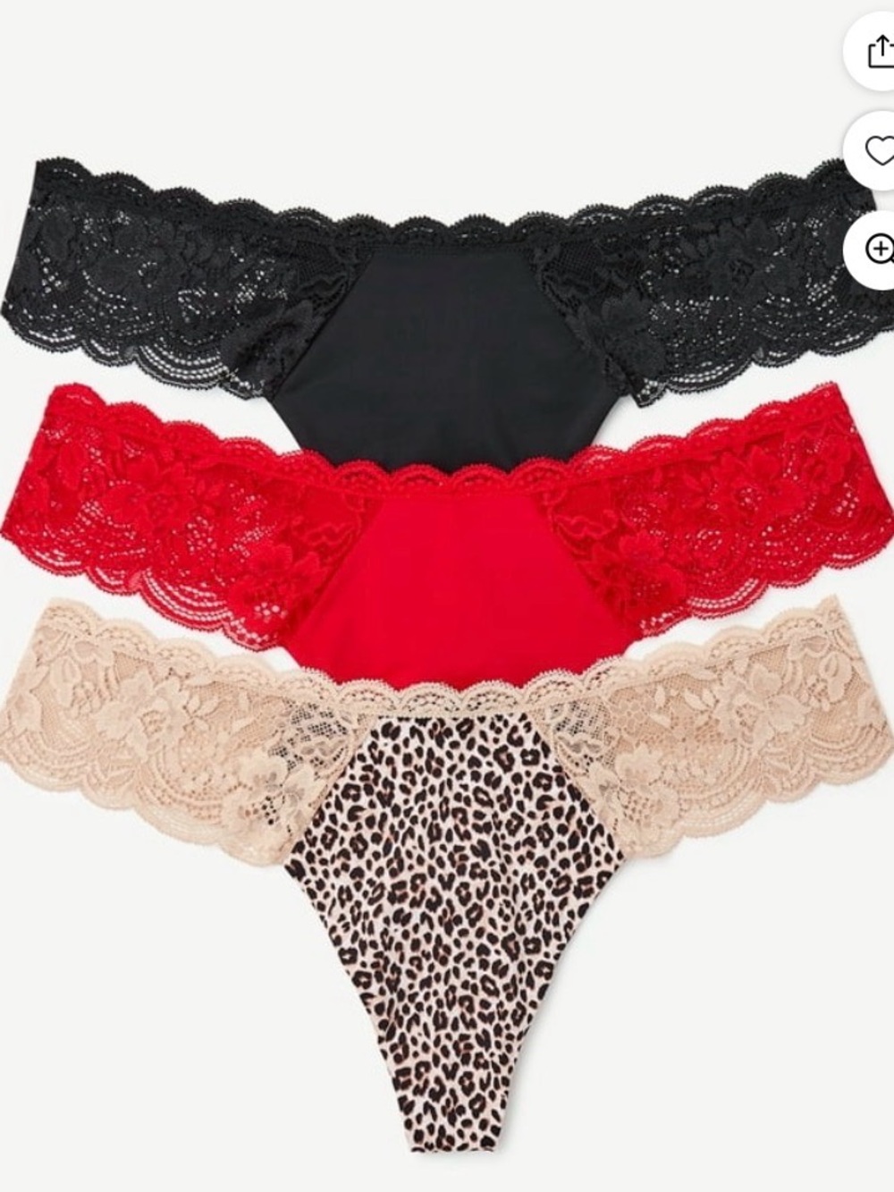 3-Pack Lace-Trim Thong Set - Black, Red, Nude/Leopard